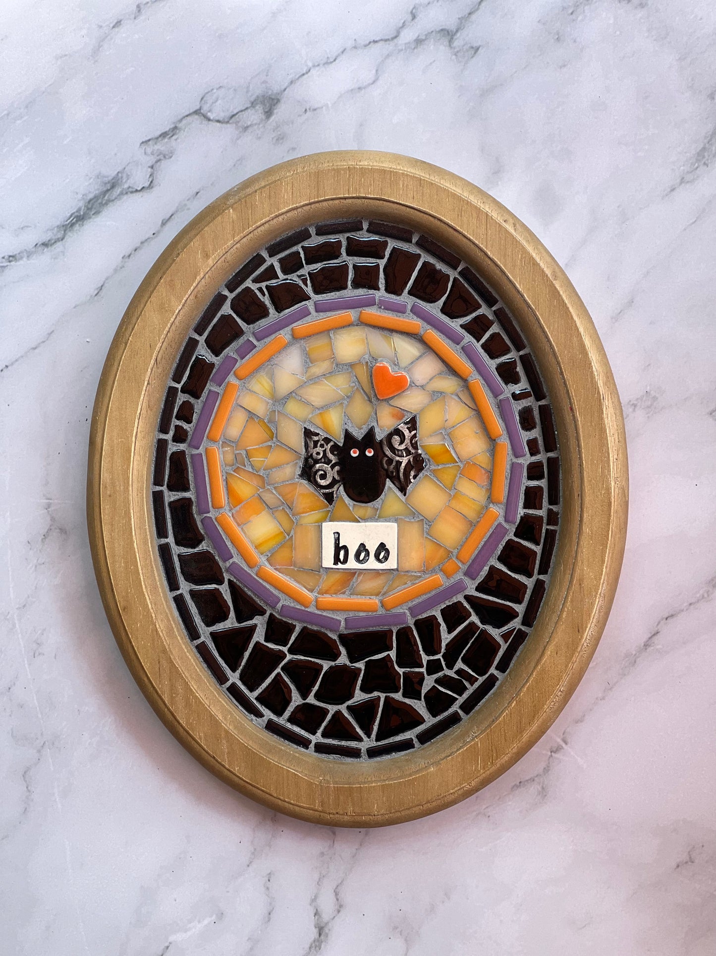 “Boo” Bat Mosaic Wall Art in Oval Wood Frame