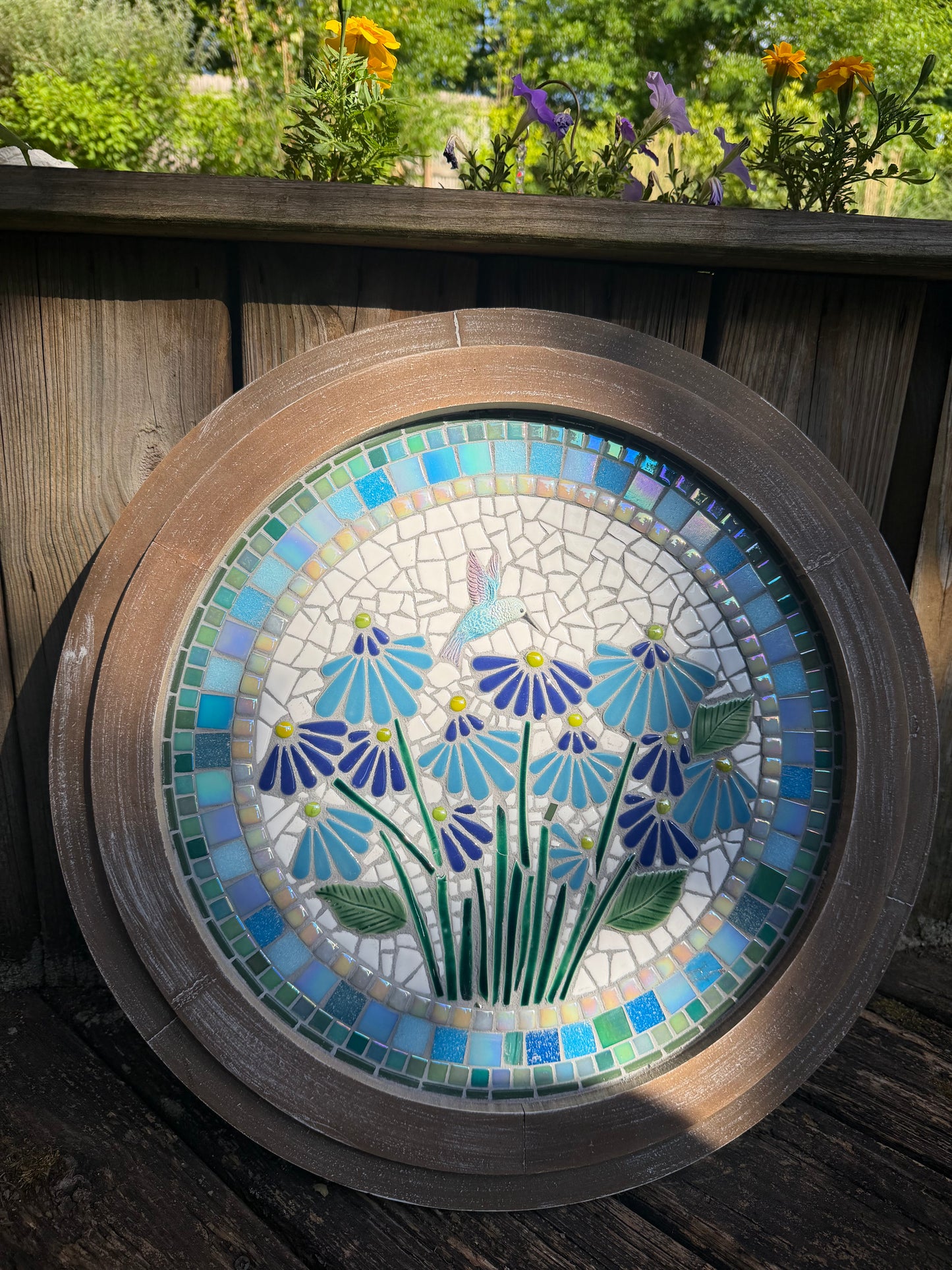 Blue Daisy Dream — Hummingbird Mosaic with Iridescent Border- SOLD
