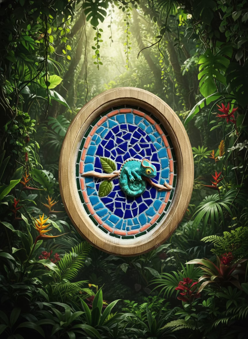 Turquoise Chameleon Mosaic Wall Art in Oval Wood Frame