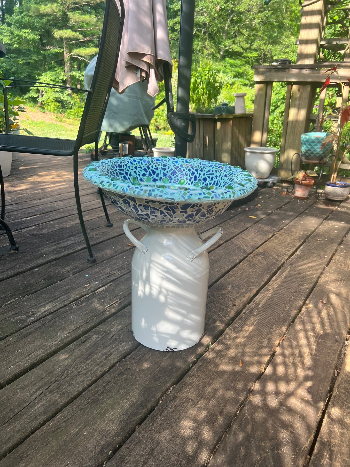 Blue Mosaic Bird Bath Sculpture – Upcycled Garden Art by Sarah Campbell