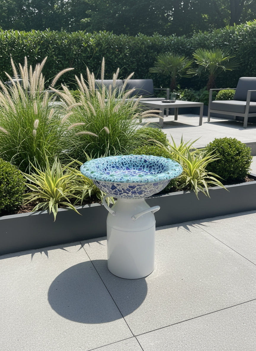 Blue Mosaic Bird Bath Sculpture – Upcycled Garden Art by Sarah Campbell