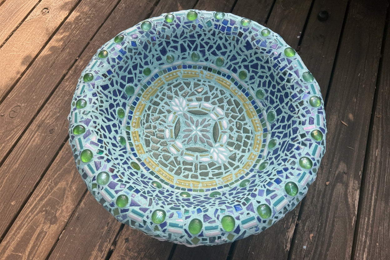 Blue Mosaic Bird Bath Sculpture – Upcycled Garden Art by Sarah Campbell