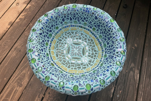Blue Mosaic Bird Bath Sculpture – Upcycled Garden Art by Sarah Campbell