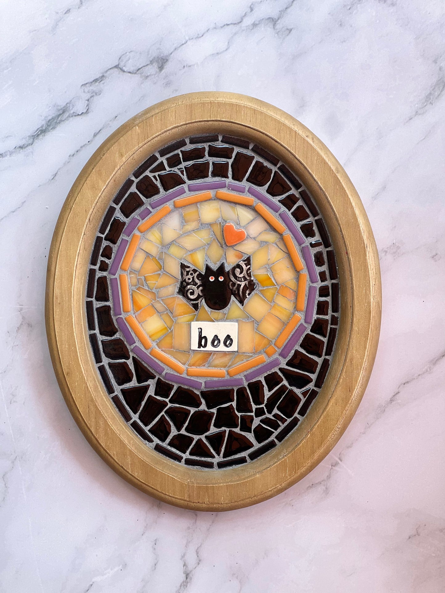 “Boo” Bat Mosaic Wall Art in Oval Wood Frame