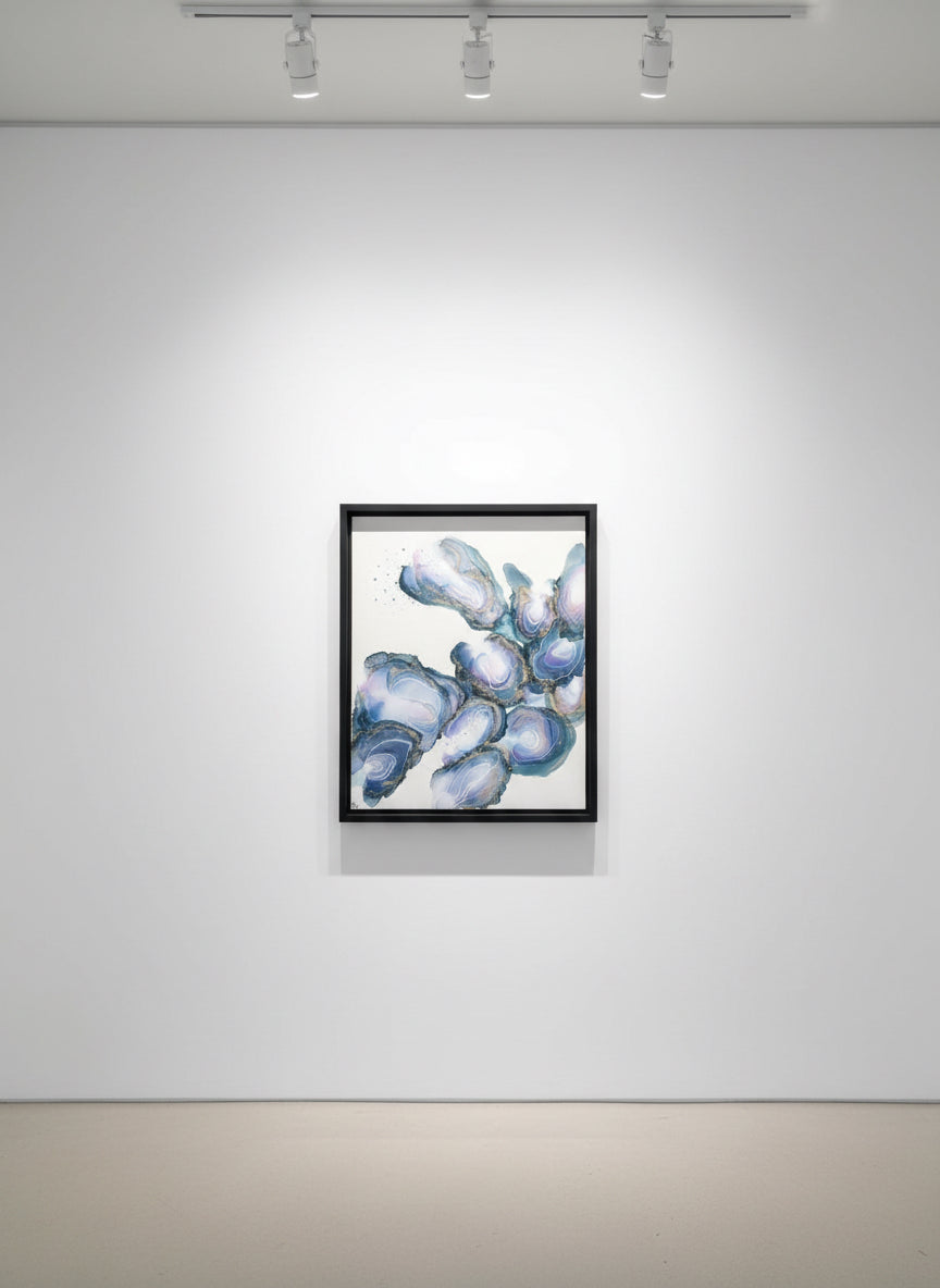 Original blue agate-inspired abstract alcohol ink painting by Northeast Georgia artist Sarah Campbell, featuring swirling blue, lavender, and gold patterns in a black frame.