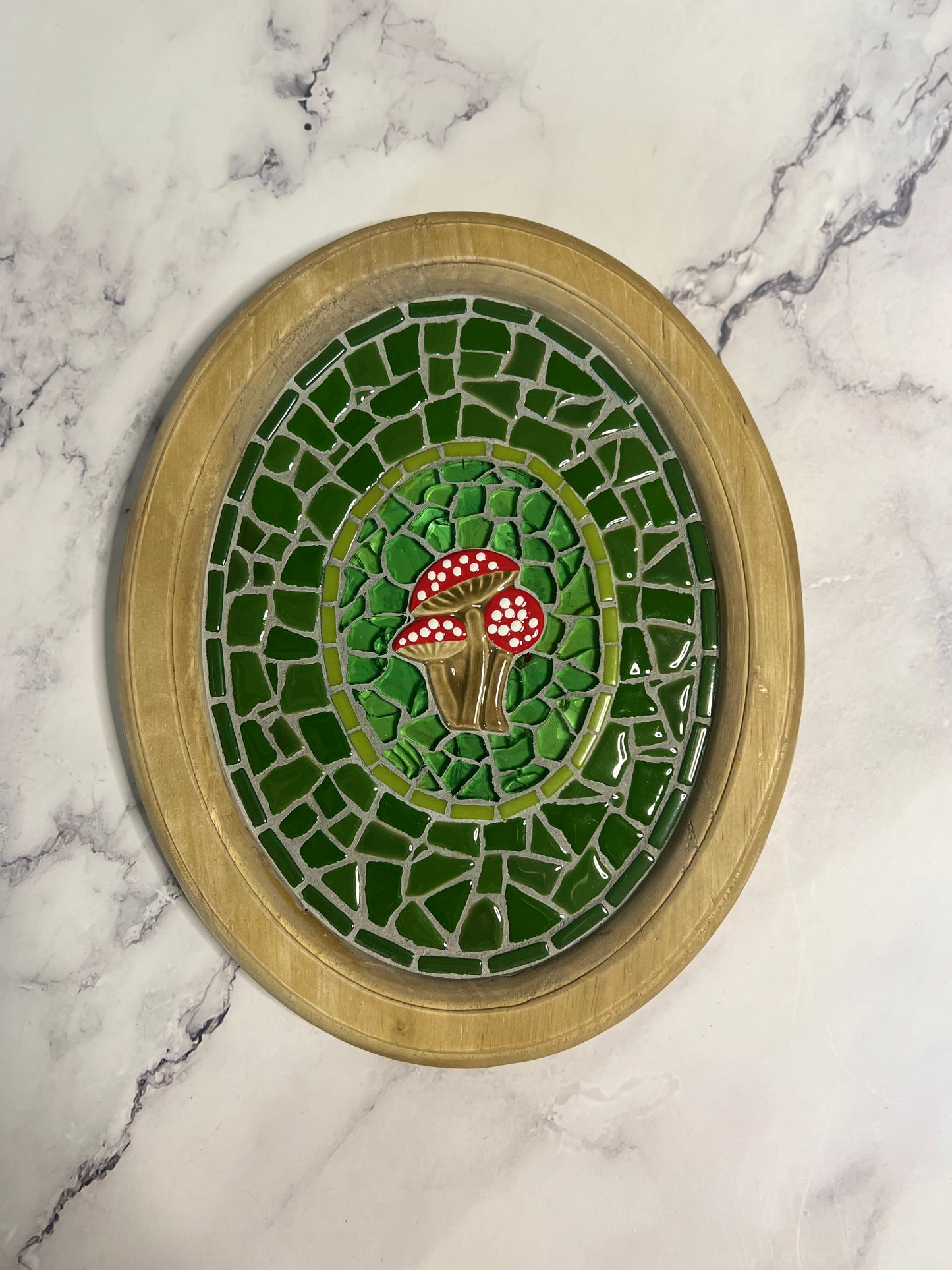Red Toadstool Mushroom Mosaic Wall Art in Oval Wood Frame- SOLD
