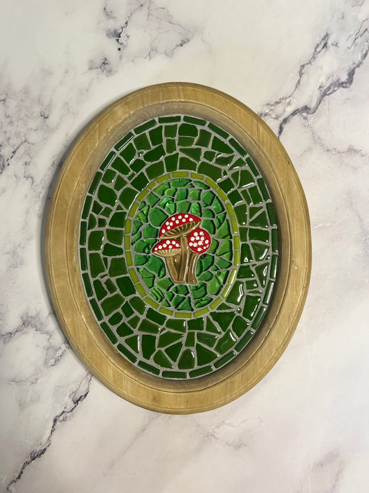 Red Toadstool Mushroom Mosaic Wall Art in Oval Wood Frame- SOLD
