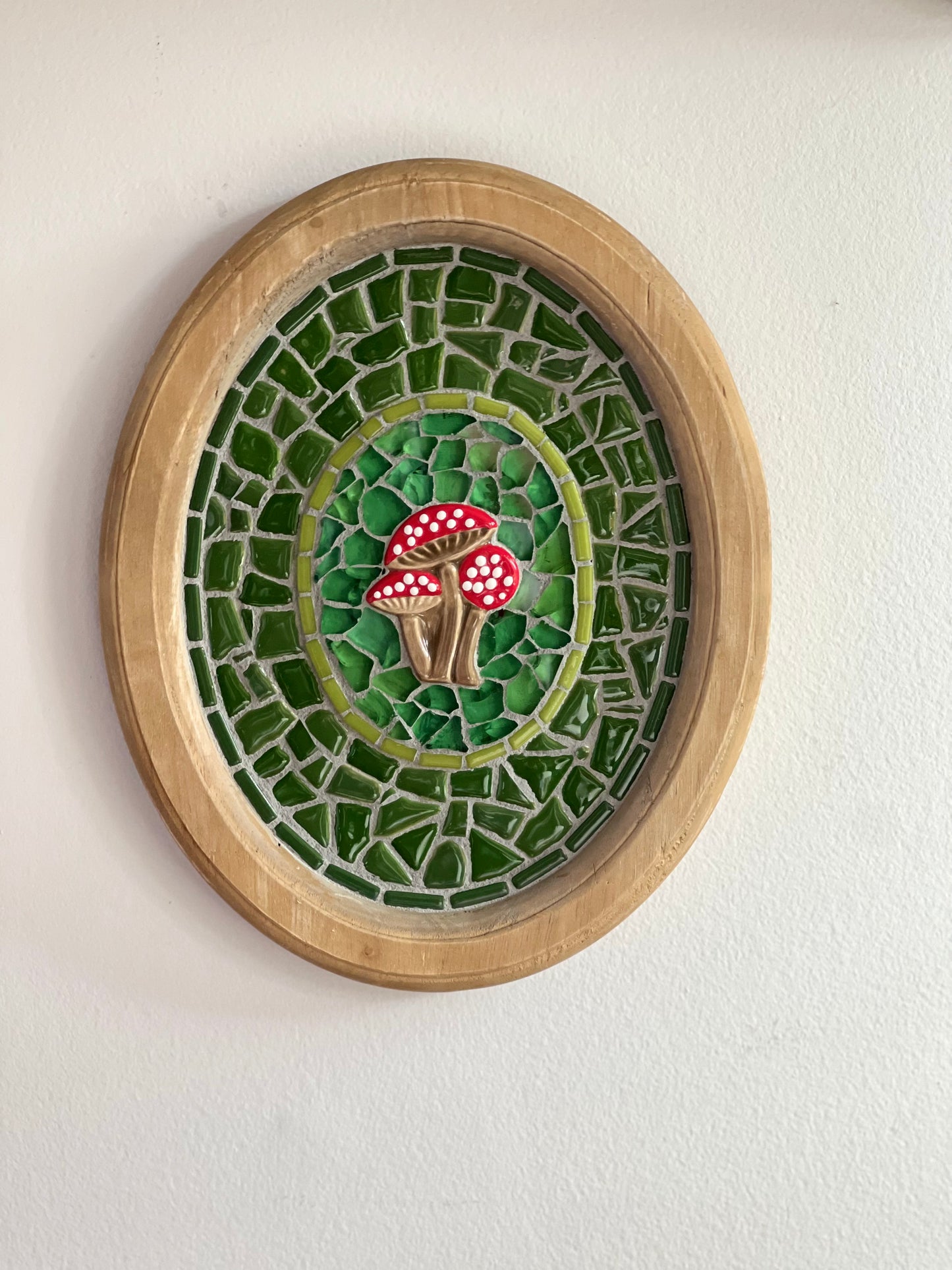 Red Toadstool Mushroom Mosaic Wall Art in Oval Wood Frame- SOLD