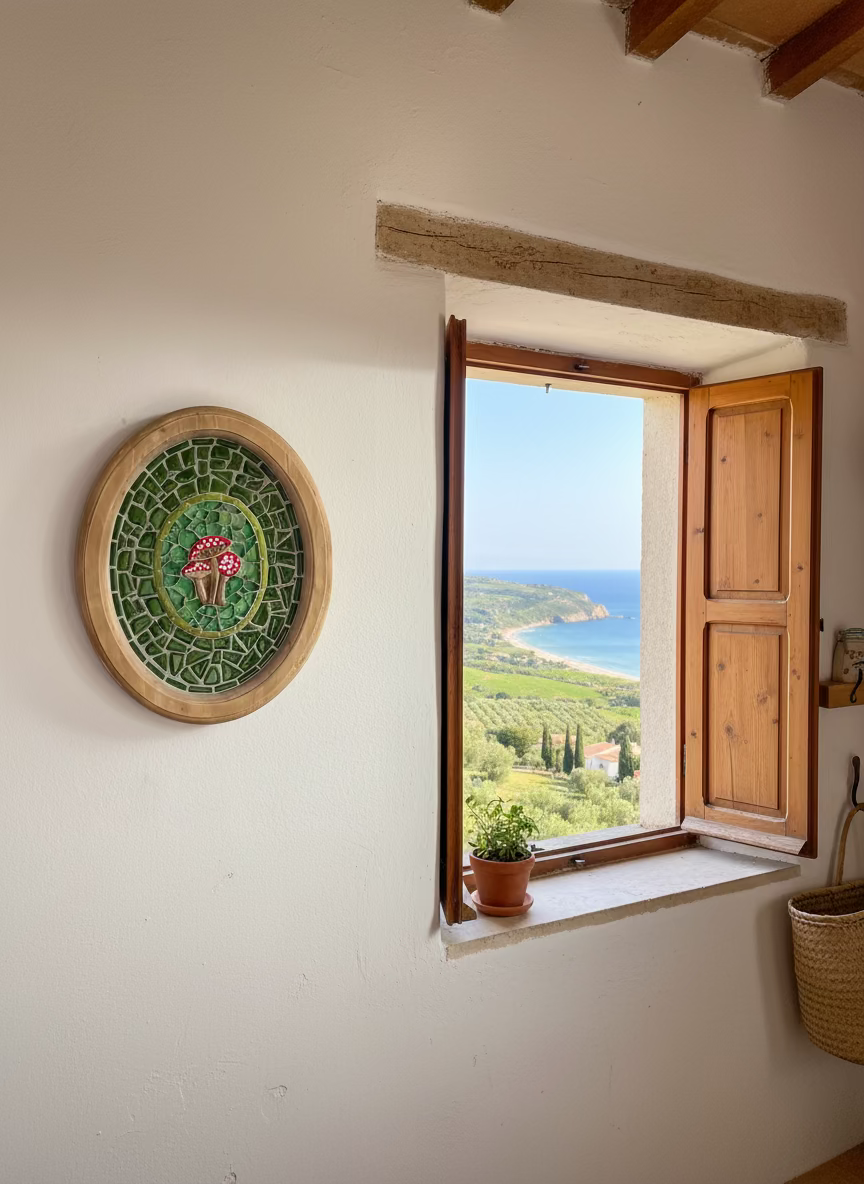 Red Toadstool Mushroom Mosaic Wall Art in Oval Wood Frame- SOLD