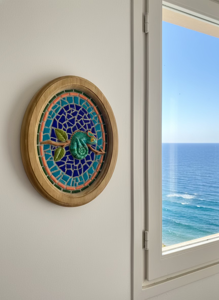 Turquoise Chameleon Mosaic Wall Art in Oval Wood Frame