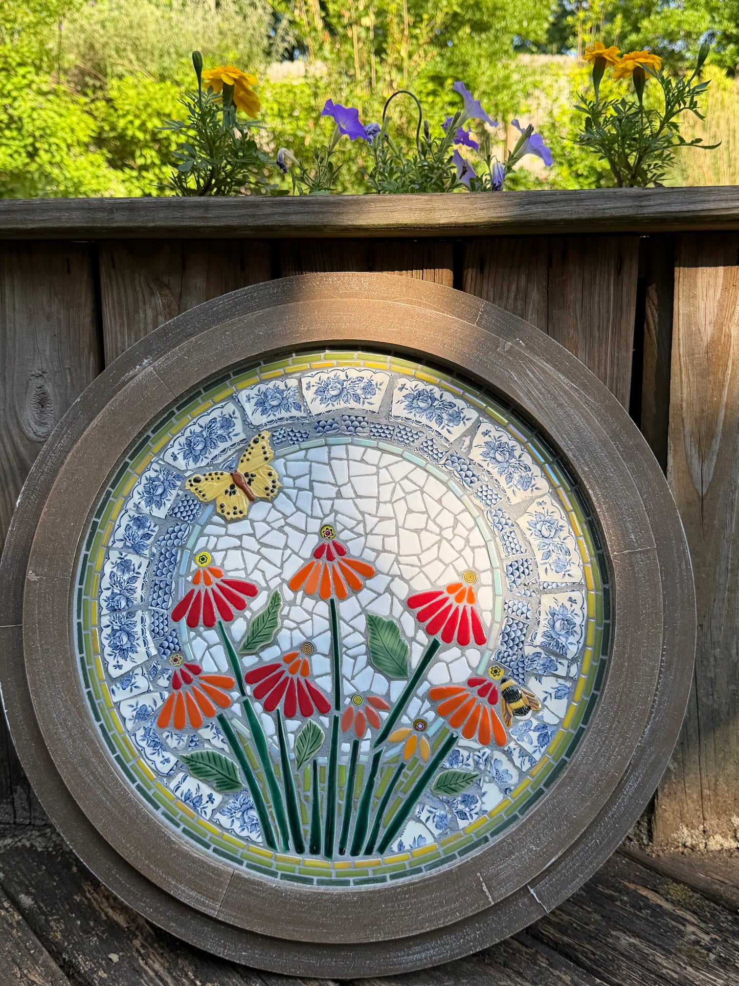 Pollinator's Garden — Ceramic Mosaic with Delft Tile Border